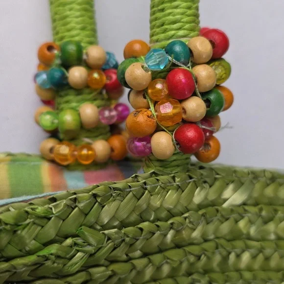 Capelli/Straworld Vibrant Green Woven Tote Bag Purse Beads Beachy BoHo GUC READ - Picture 4 of 14